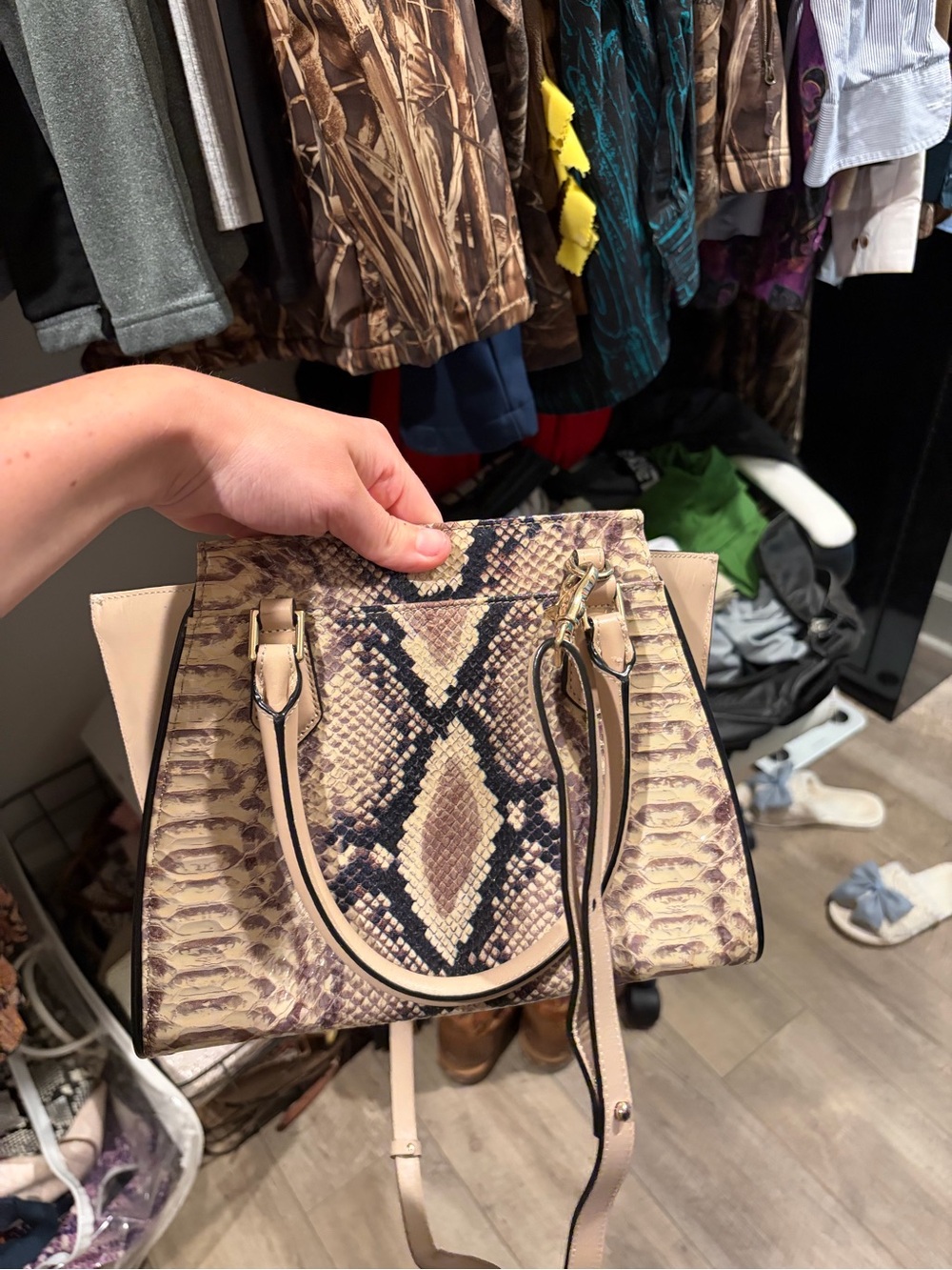 Brahmin Taupe and Beige Python-Print Satchel with Tassel - Picture 3 of 5